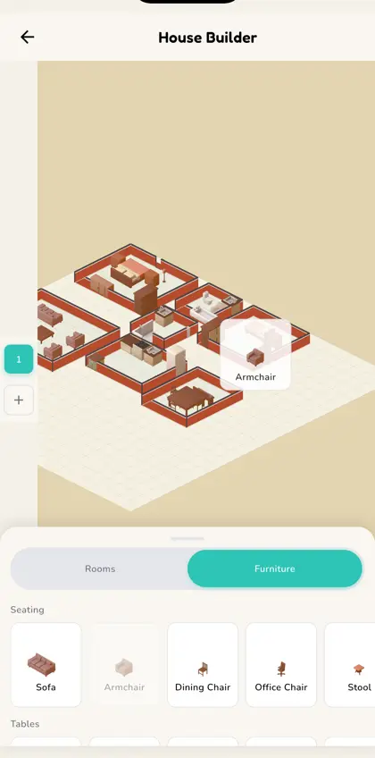 The house builder, placing an armchair in a room